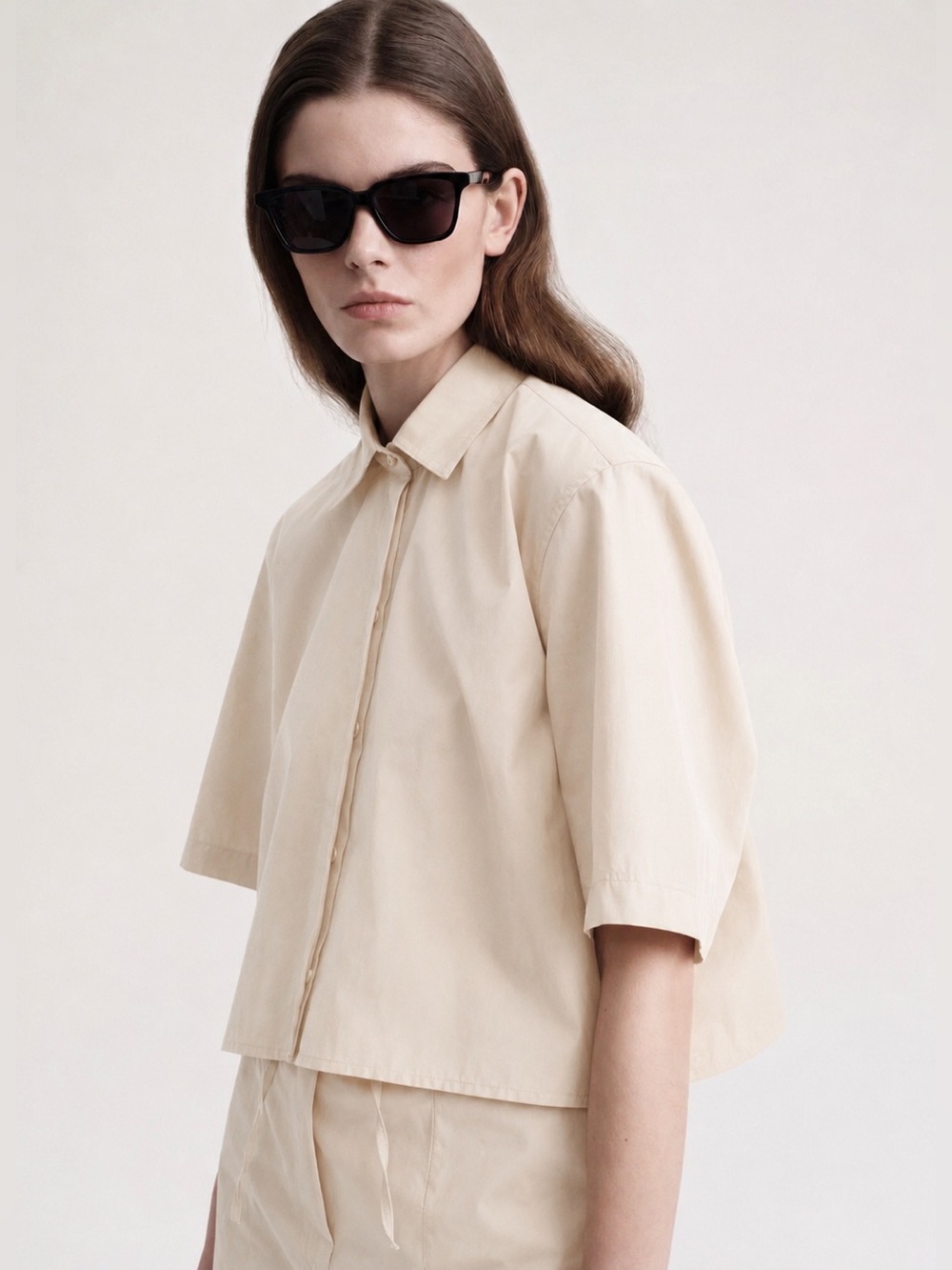 TOTEME Cropped Cotton Poplin Shirt Stone Beige Organic Cotton Size 38 US 6